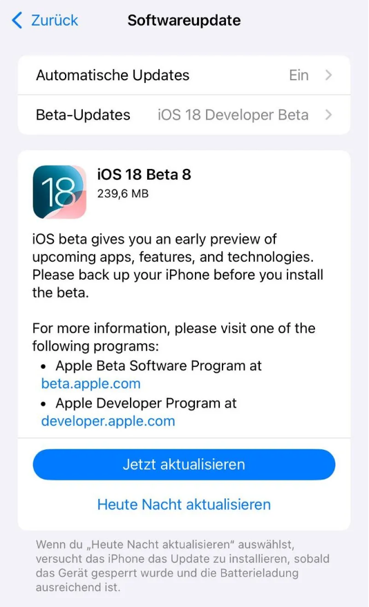 千山苹果手机维修分享苹果 iOS / iPadOS 18 开发者预览版 Beta 8 发布 